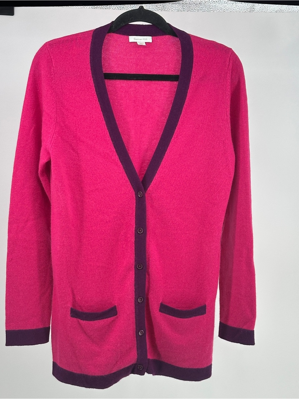 Garnet Hill 100% Cashmere Hot Pink V Neck Cardigan with Deep Plum Trim Like New